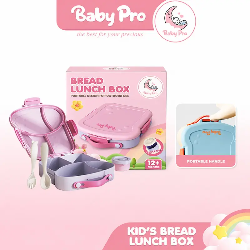 Baby Pro Kids Bread Shaped Lunch Box Set with Sauce Box Spoon and Fork Portable Handle On-the-Go