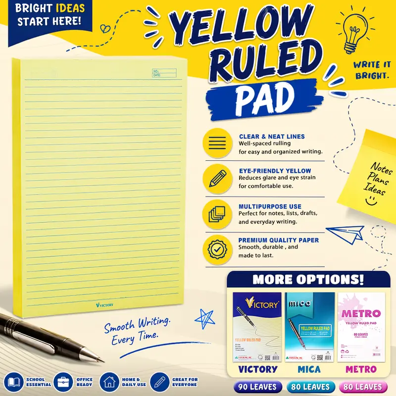 Victory, Mica or Metro Yellow Writing Pad, 80 Leaves, 1 Pad, for School, College or Office