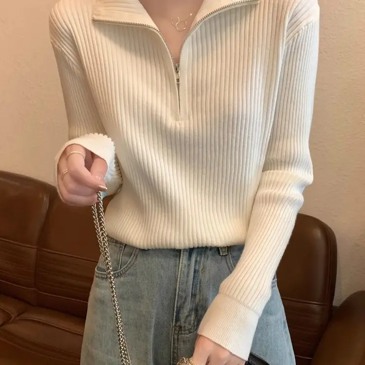 JNN Damen-Half-Zip-Pullover mit Polokragen und langen Ärmeln, französischer Stil, für Herbst und Winter