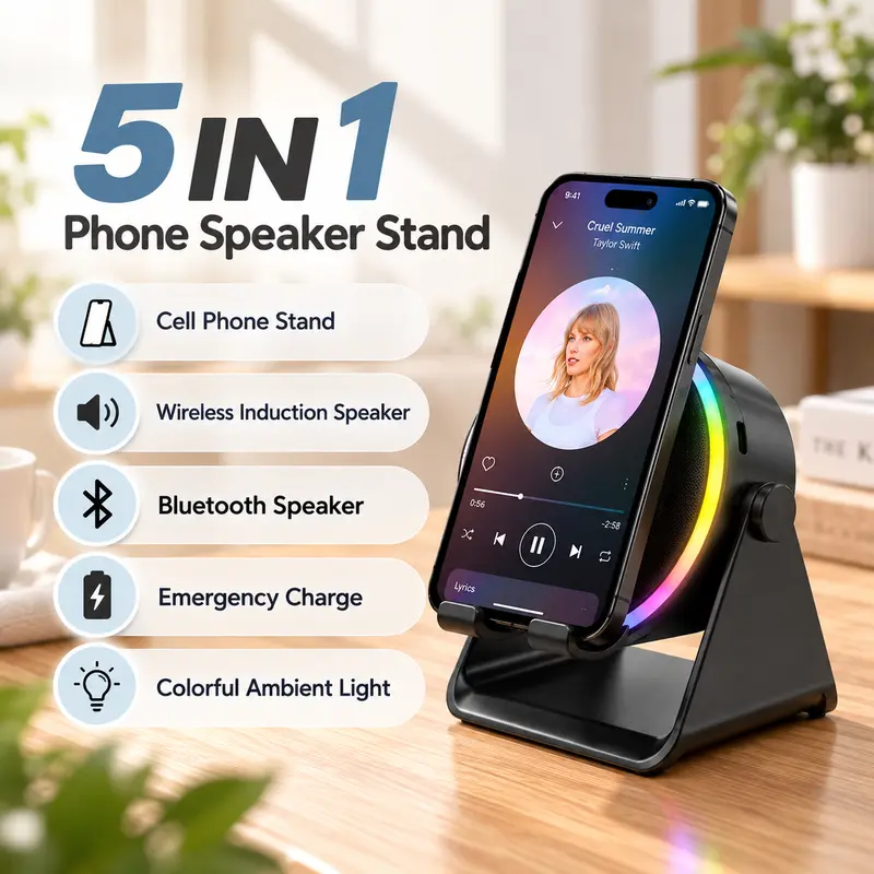 Dohelly 5-in-1 Wireless Induction Bluetooth Speaker - 360° Rotatable LED Light Stand, 10 m Range, Universal Smartphone/Tablets Charger, Surround Sound, Speaker Phone Holder, Portable Desktop Gift for Cooking, Adults
