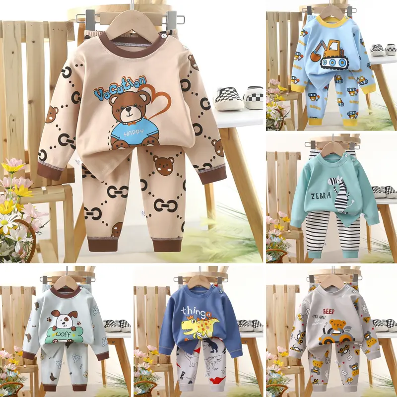 Bộ đồ ngủ cotton dài tay, quần dài giữ ấm cho bé trai 0–5 tuổi