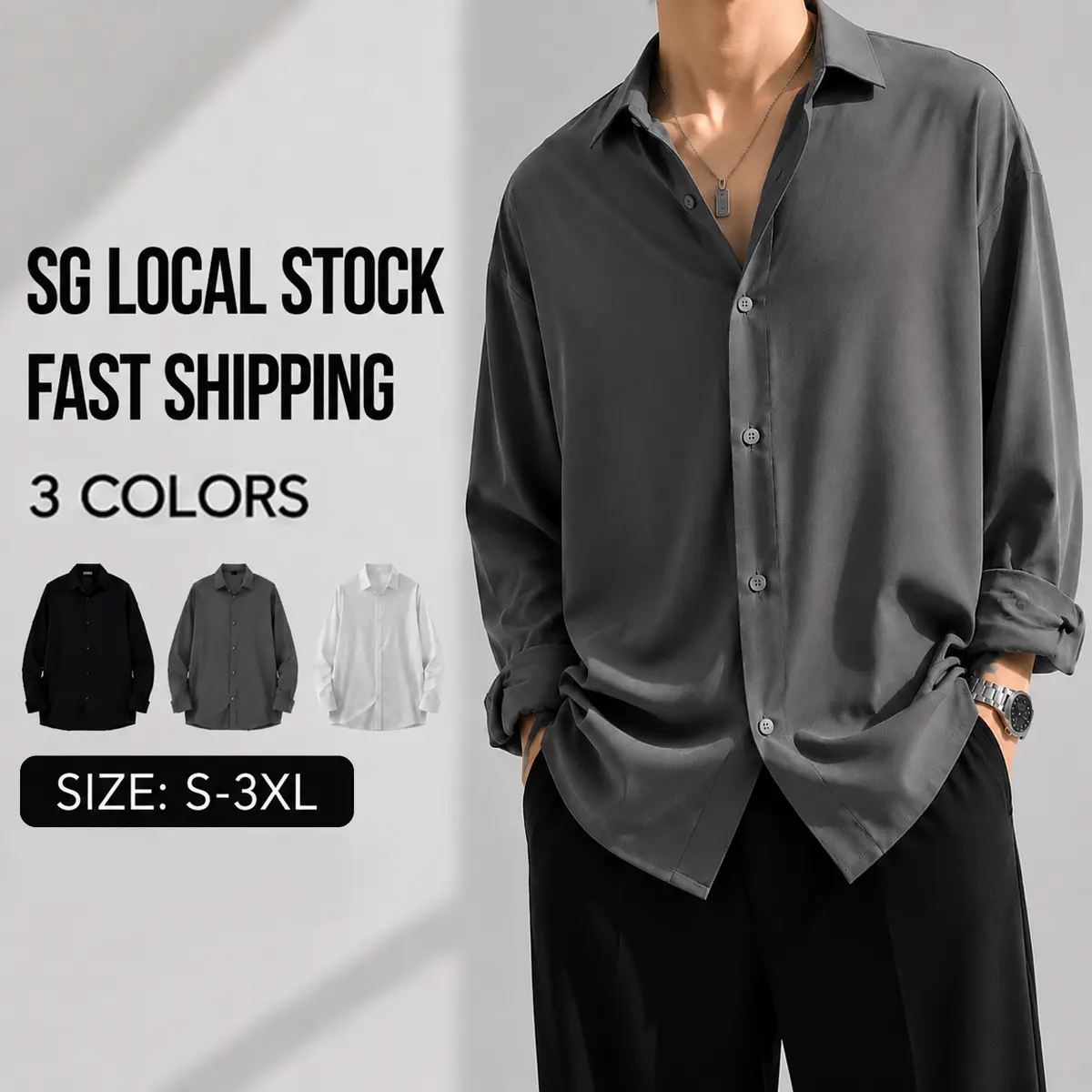 Camisa masculina preta de manga longa em seda gelada, modelagem solta e caimento fluido, estilo coreano casual para primavera e outono