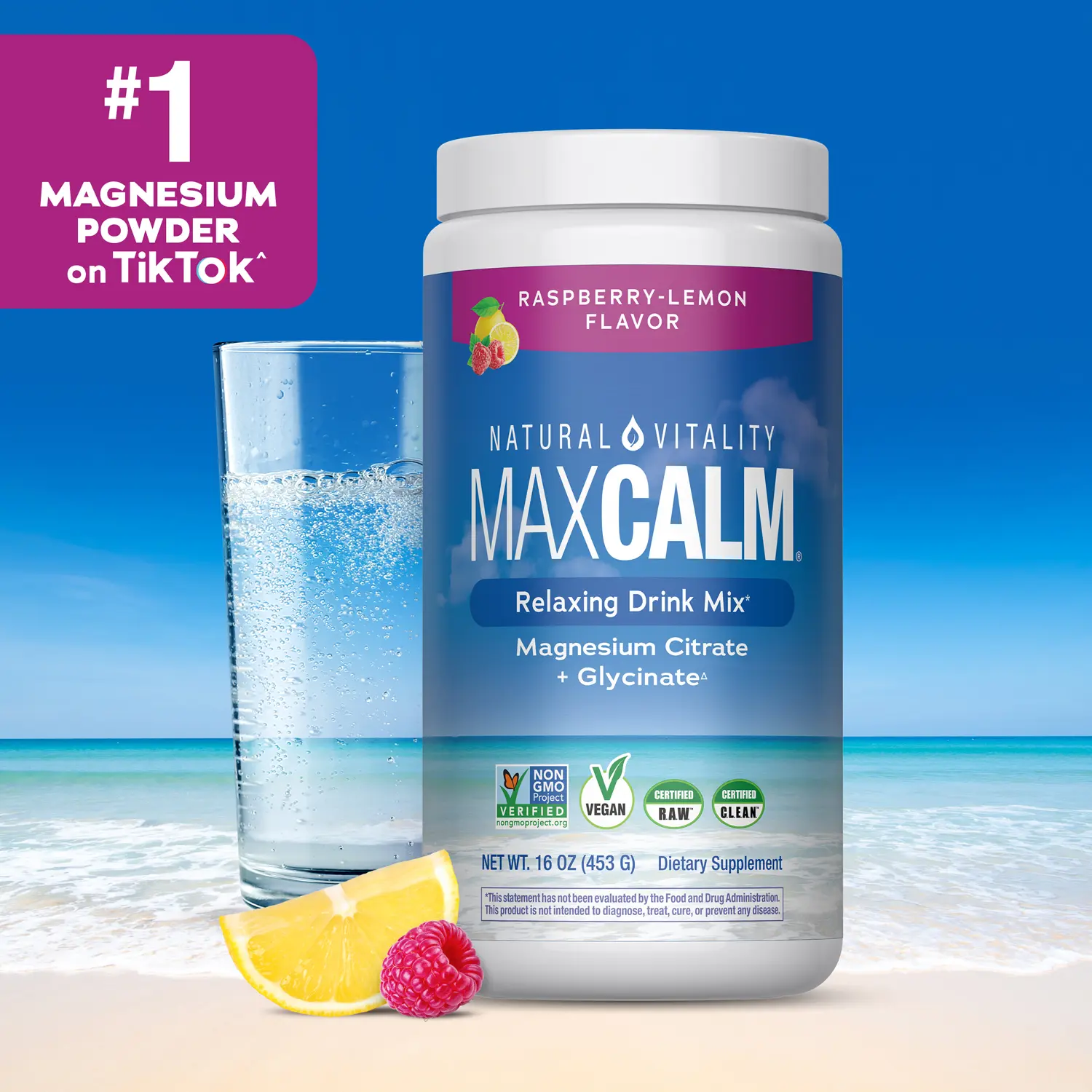 Bột pha thức uống thư giãn MaxCalm vị mâm xôi - chanh, hỗn hợp chống căng thẳng với magnesium citrate ion và glycinate, 16 oz (453 g), 113 khẩu phần