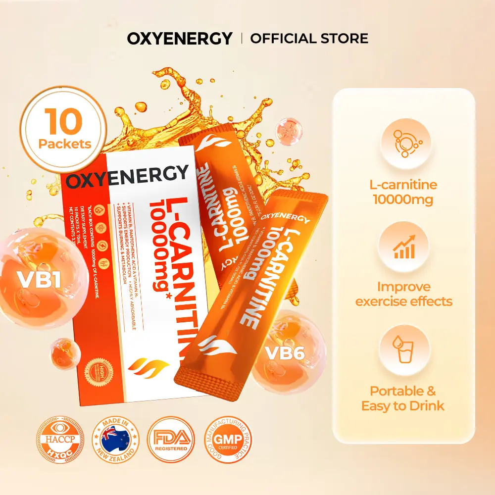OXYENERGY L-Carnitine Minuman Olahraga Rasa Jeruk | Kemasan Praktis untuk Dibawa, 10000mg, 10 Saset per Kotak