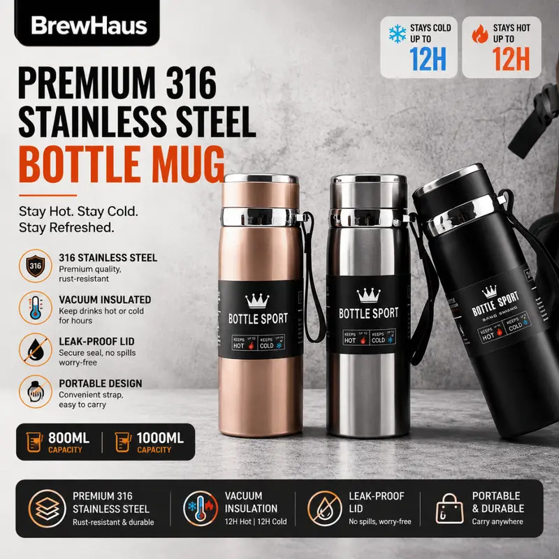 【Brew Haus】800ml 1000ml Termos Tumbler Vacuum Flask SUS 316 Stainless Steel Bottle Cup 316 Botol Kelalang Vakum 316 Vacuum Flask Blue Gradient Flask Heater Peralatan Dapur