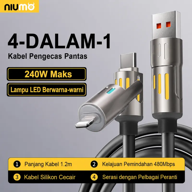 NIUMO - Kabel pengecas USB Type-C, fungsi 4 dalam 1, menyokong pengecasan pantas sehingga 240W, diperbuat daripada bahan silikon cecair dan aloi aluminium, kabel data.