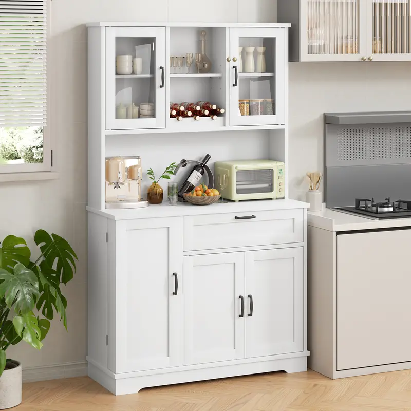 Walsunny White Freestanding Kitchen Pantry and Buffet Cabinet with Microwave Stand, 4 Door Shelves, Adjustable Shelves and Wine Rack