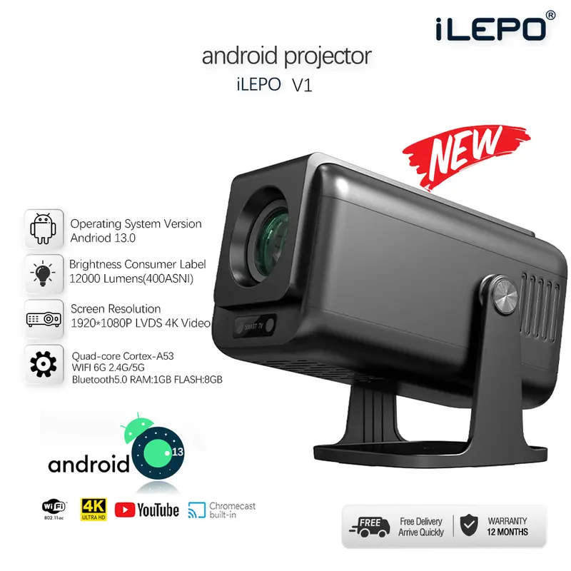 ILEPO V1 Full HD Mini Projector with Android 13.0, High Brightness, Free Screen and 1-Year Warranty