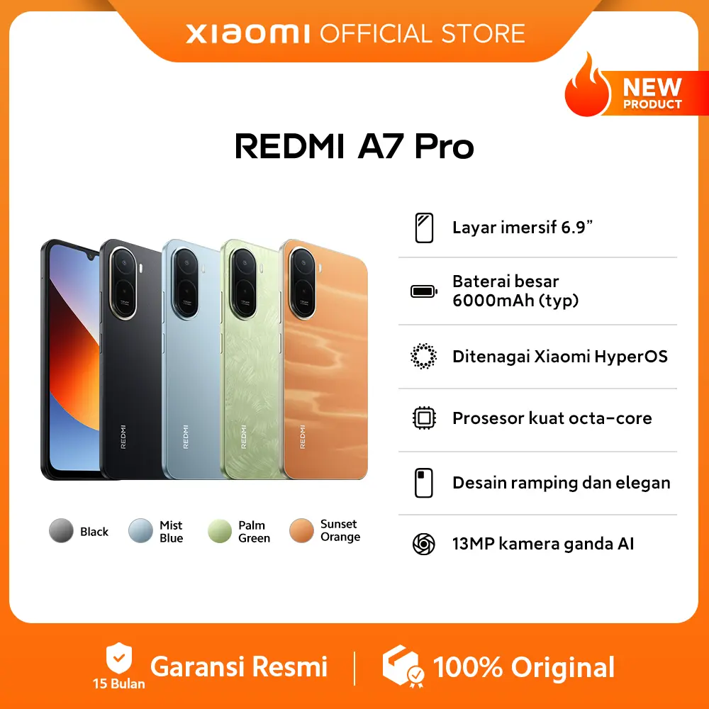 Xiaomi Redmi A7 Pro手机，4+64 GB/4+128 GB，6.9英寸沉浸屏，6000mAh（典型值），Xiaomi HyperOS，八核处理器，13MP AI双摄