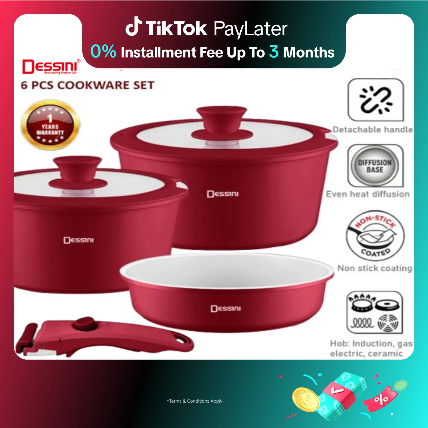 DESSINI ITALY i-Romanzo Set Peralatan Masak 6 PCS dengan Gagang Lepas, Panci Induksi, Wajan Antilengket, Wok, Mangkuk, PERIUK