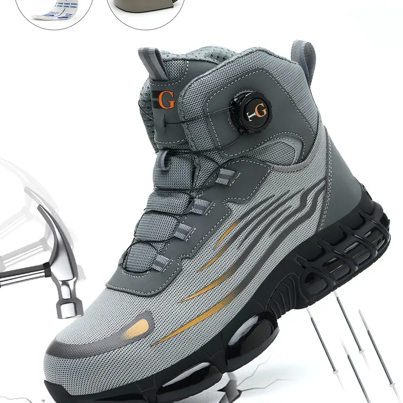 MELLOWMILES Men's Black Mid-Cut Steel Toe Work Boots - Lace-Free Rotary Buckle, Puncture-Proof, Smash-Proof, Non-Slip, Cushioned TPU Round Toe Safety Shoes Construction Warehouse Factory Workers，Lightweight Shock Absorb Comfort, Outdoor Shoes - Mens Gifts