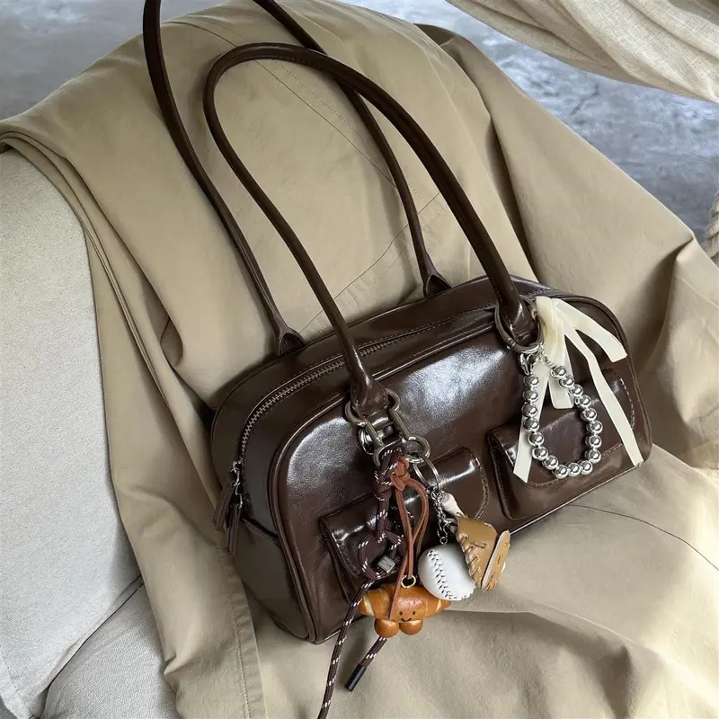 Yunzhen Women's Large-Capacity Brown Retro Bowling Shoulder Bag, Korean-Inspired Style