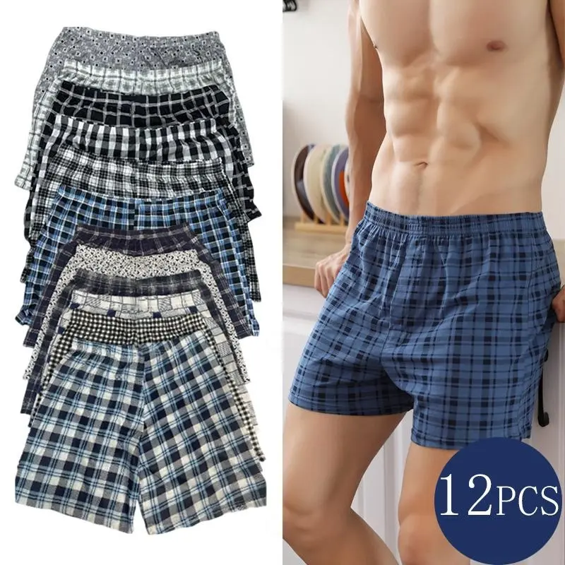 12PCS SET Men's Boxer Shorts''ADD SIZE'' Cotton Shorts For Men Boxer Briefs Innerwear Breathable And Comfortable Underwear Home Menswear Basic Checked Plaid Boxers 6 pieces Random Colors COD