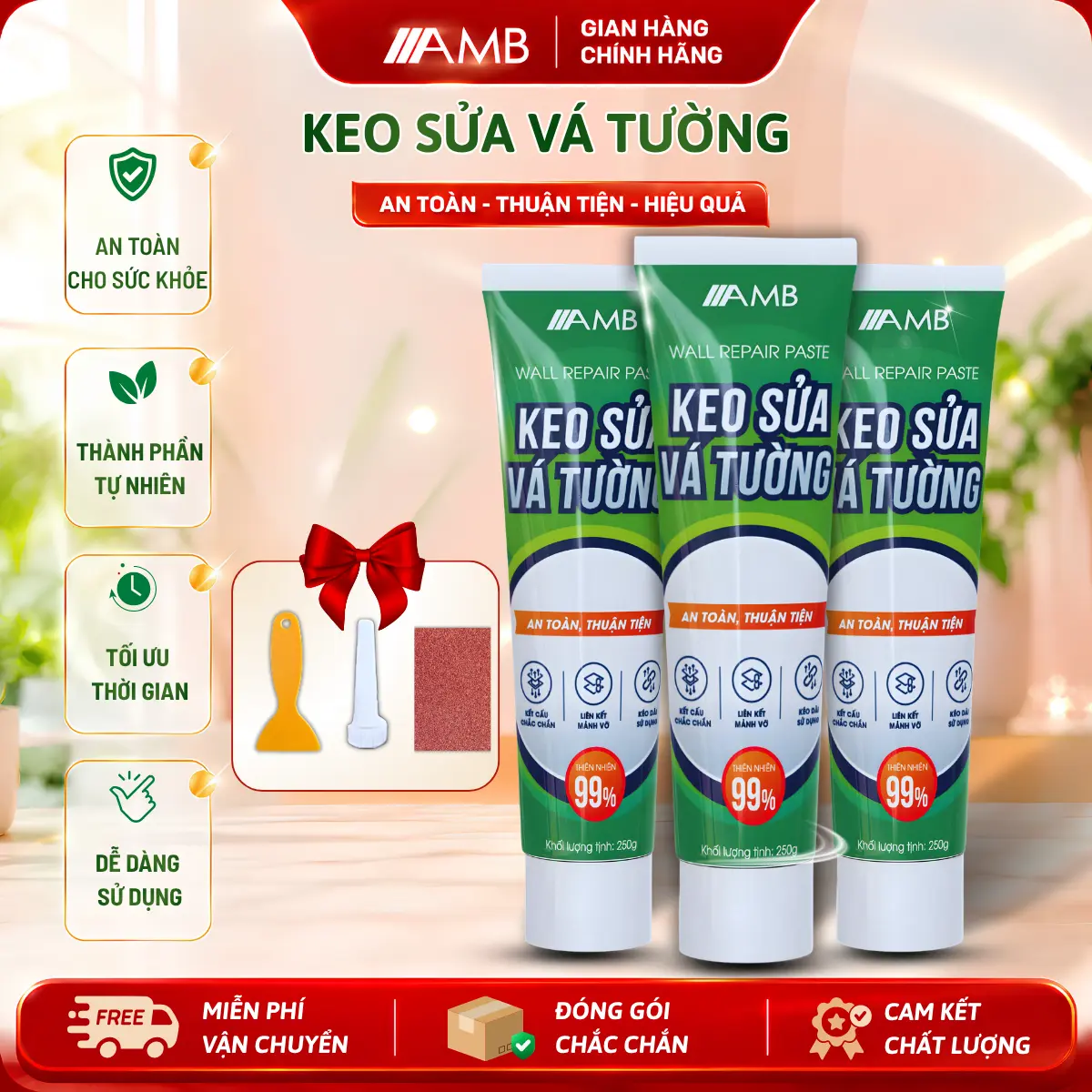 AMB Keo Vá Tường Antibocor 250 g – Dempul Penambal Retak Dinding Antijamur dan Antilembap, Pembersih Dinding, Produk Resmi, Mudah Digunakan, Cepat Kering, Aman