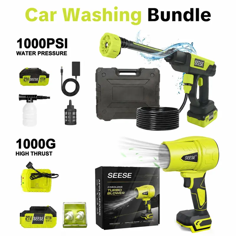 SEESE, kit inalámbrico de lavado y secado de autos de 21 V con hidrolavadora de 1000 PSI y soplador turbo de 1000 G; para autos, patios y jardines