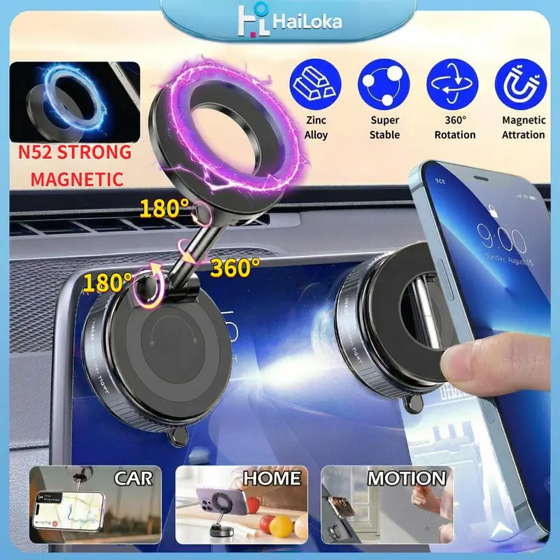 【HaiLoka】[代引き/24時間] 360°回転・折りたたみ式マグネットスマホホルダー 真空吸盤付き 車・ジム・オフィス対応