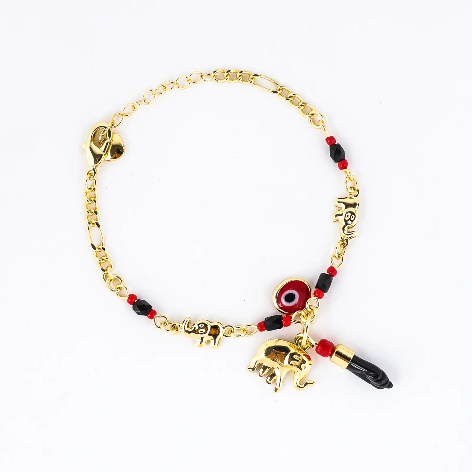 Trendytry pulsera ajustable para mujer con baño de oro auténtico de 14K, elefante, ojo turco y mano de Fátima, estilo bohemio e hipoalergénica