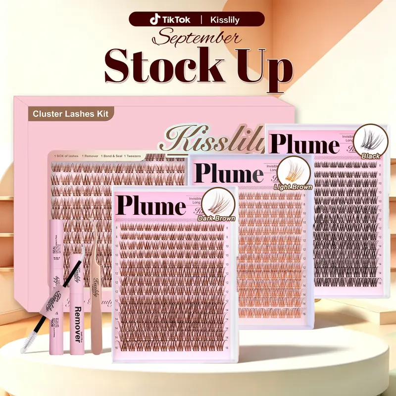 Plume Kisslily Brown Lash Clusters Kit with Invisible Bands and Bond & Seal, 8–16mm, C Curl and D Curl, Mascara Look