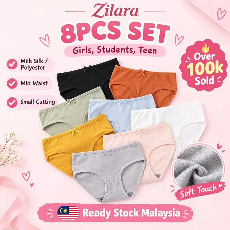 ZILARA U12 Girls' Mid-Rise Plain Underwear, 8-Piece Antibacterial Set
