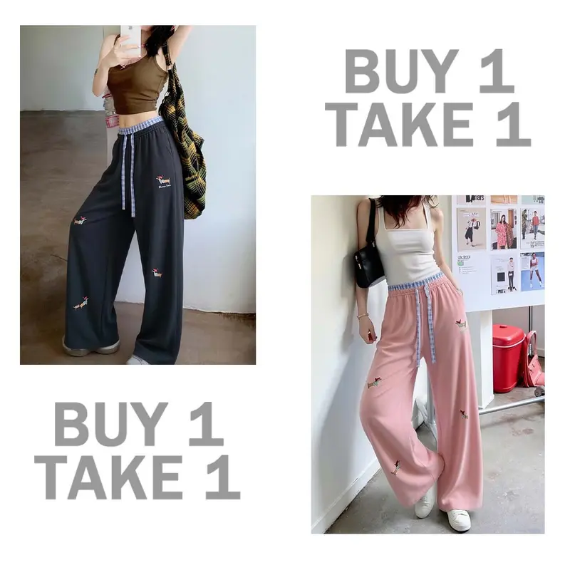 Buy 1 get 1 men's baggy wide-leg sweatpants with drawstring and cartoon puppy embroidery, high-waisted Korean-style casual fit