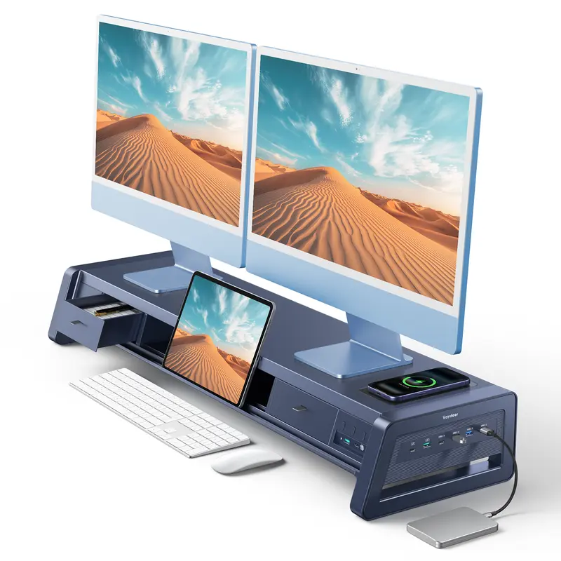 Vaydeer 13-in-1 Metal Dual Monitor Stand Riser, 110 lb Capacity, 8 USB Ports, Wireless Charging Pad, 2 Drawers and LED Lighting