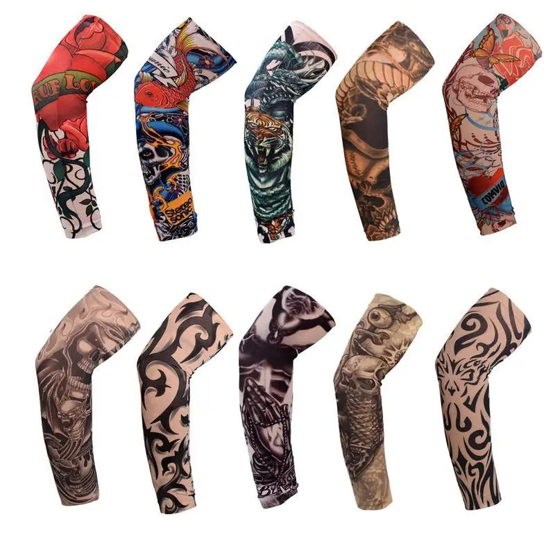Unisex 10-Piece Tattoo-Style Sports Arm Sleeves with UV Protection, Stretchy Cooling Fit, One Size
