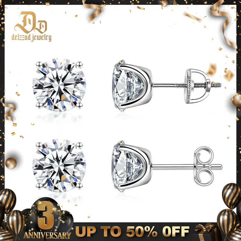Delzzad S925 Sterling Silver Four-Prong Lab-Created Moissanite Solitaire Stud Earrings with Screw-Back or Butterfly-Back Options