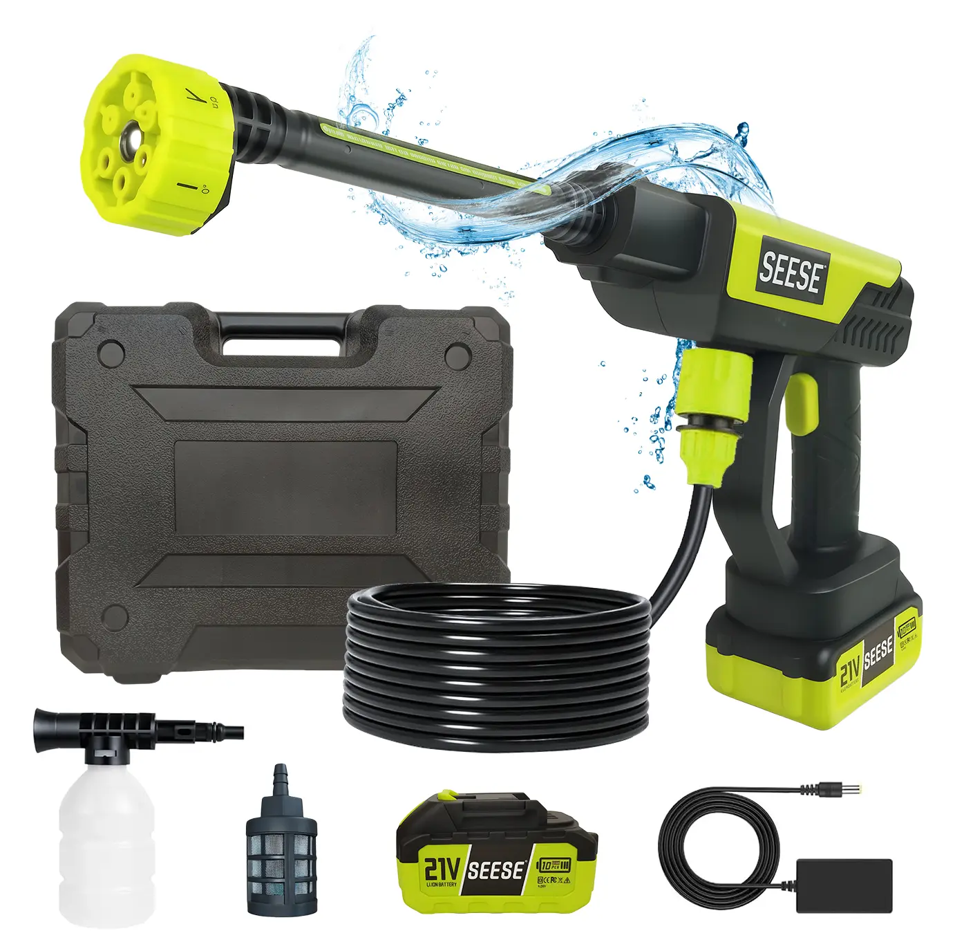 SEESE Cordless Pressure Washer with Single-Port Charger Base and Portable Bottle, for Car and Home Cleaning and Garden Watering, backtoschool