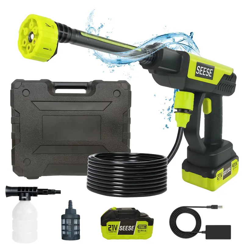 SEESE Cordless Pressure Washer Gun, 1000 PSI Portable Electric Washer for Vehicle, Driveway & Deck - Ergonomic Handle Design with 30min Runtime & 6-in-1 Nozzle