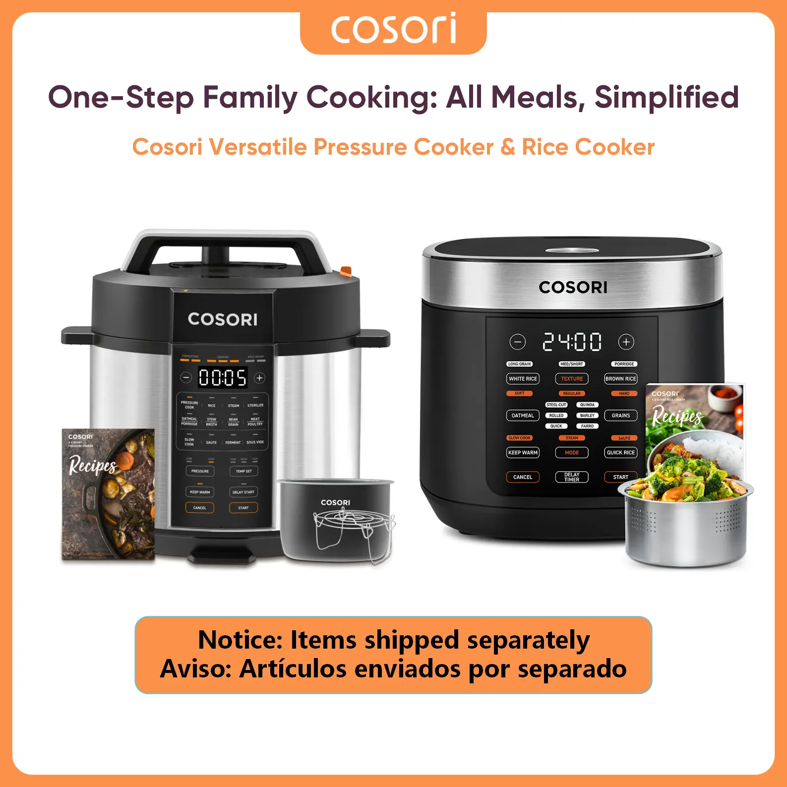 Paket COSORI panci presto 9-in-1 6 Qt dan rice cooker multifungsi 18-in-1 5 Qt, fitur sauté, slow cook, kukus, sous vide, sterilisasi, penghangat 24 jam, panci dalam stainless steel dan antilengket, 50 resep, tiktokshopbacktoschool tiktokshop