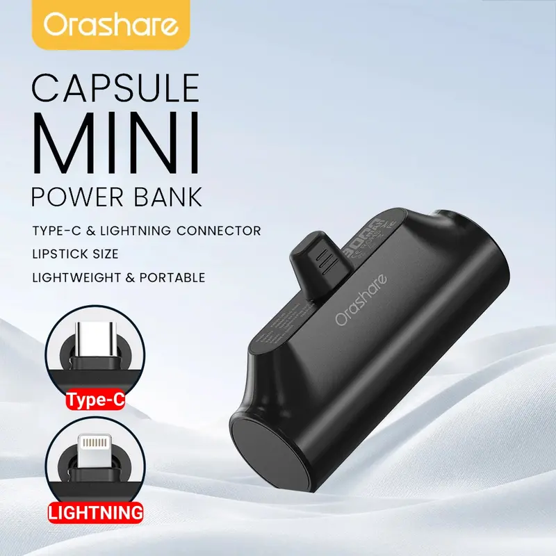 Orashare PNC03 3000 mAh Mini Power Bank with Built-In Lightning and USB-C Connectors