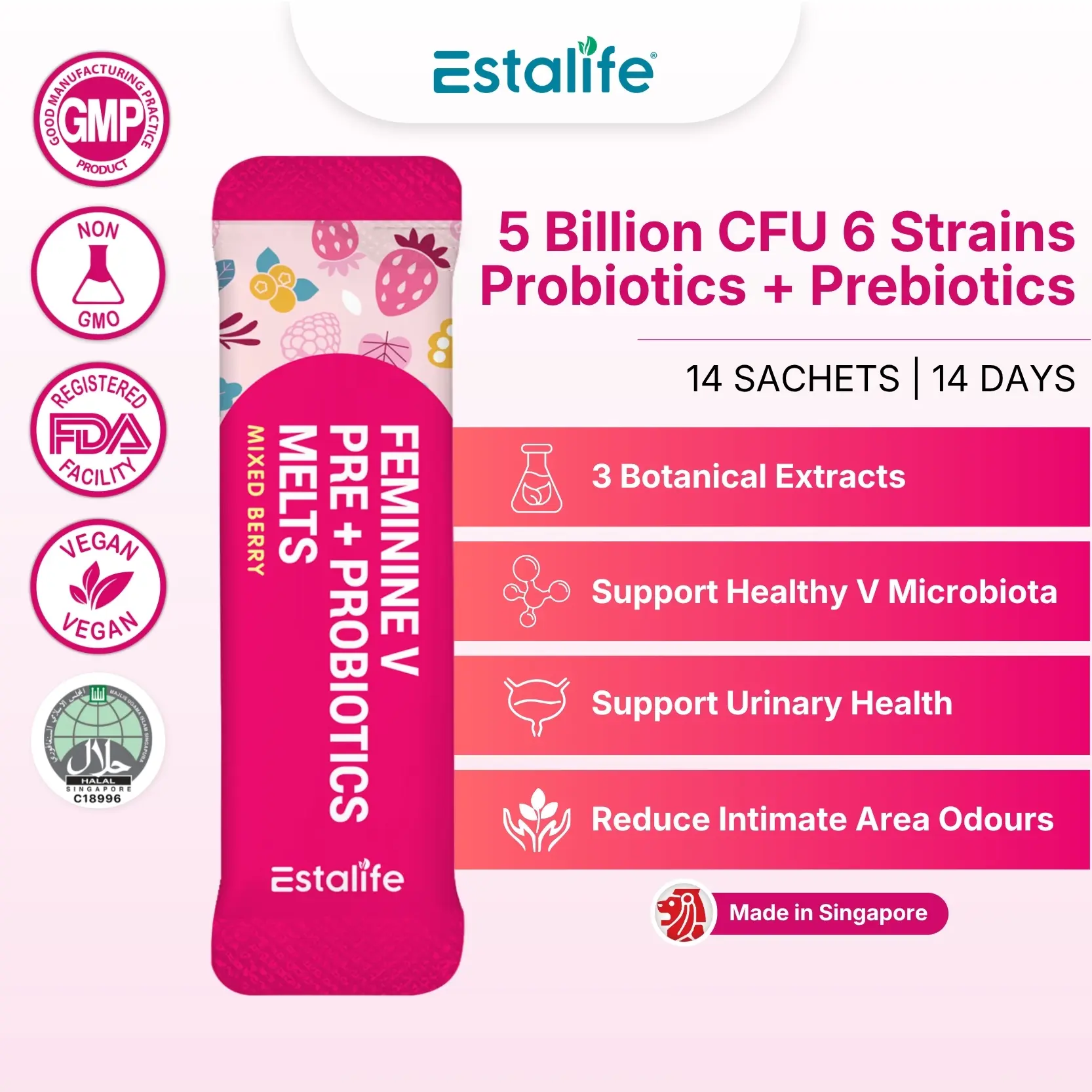 Estalife Feminine V Pre + Probiotics Melts – 5 Miliar CFU – Cranberry, Rosella, Acerola – Vegan – 14 sachet