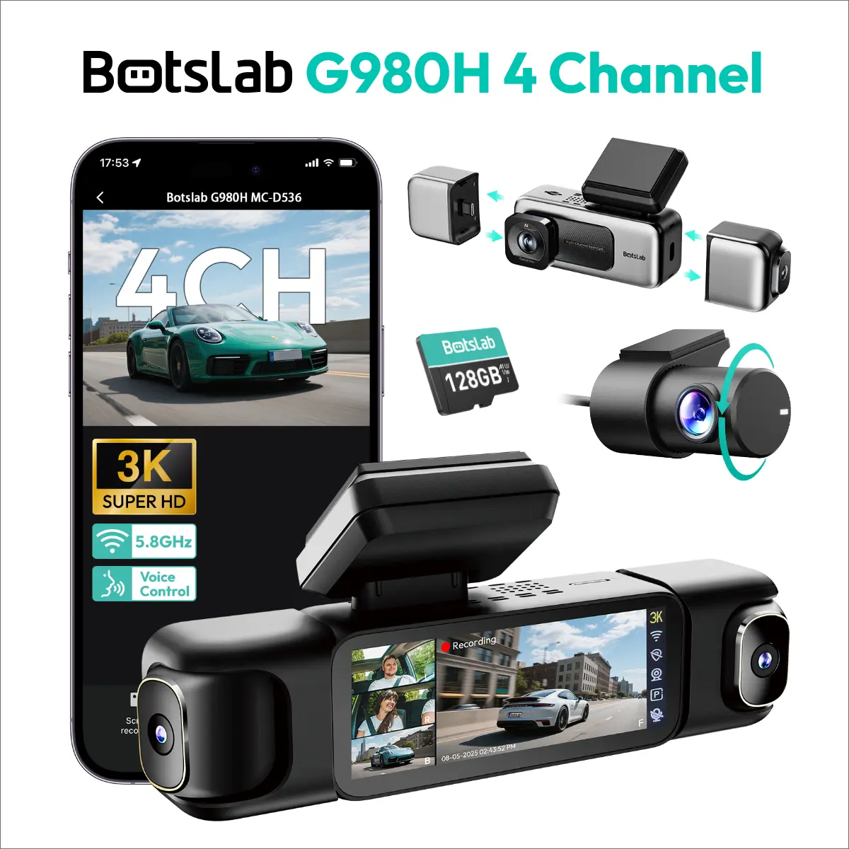 Cámara para salpicadero Botslab 3K de 4 canales con pantalla táctil de 3,18”, modo de estacionamiento 24/7, GPS integrado, WiFi de 5,8G, visión nocturna, control por voz, tarjeta de 128 GB, cámara trasera y monitor táctil, DVR para coche, accesorios para coche
