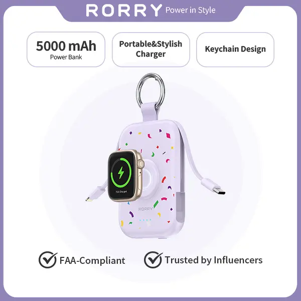 RORRY CharmGo 5000mAh Portable Power Bank with Built-In Cables and Keychain, Fast Charging for iPhone 18–8 and Apple Watch