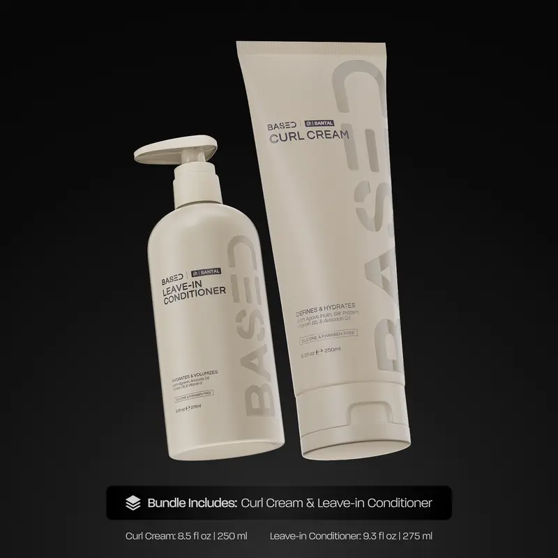 BASED Curly Duo Curl Cream and Leave-In Conditioner Bundle with Agave and Silk Protein, Medium Hold