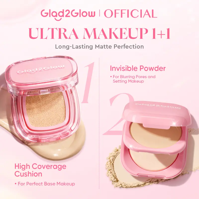 Glad2Glow Cushion Foundation and Powder Compact Set, Oil Control, Natural Matte Finish and High Coverage