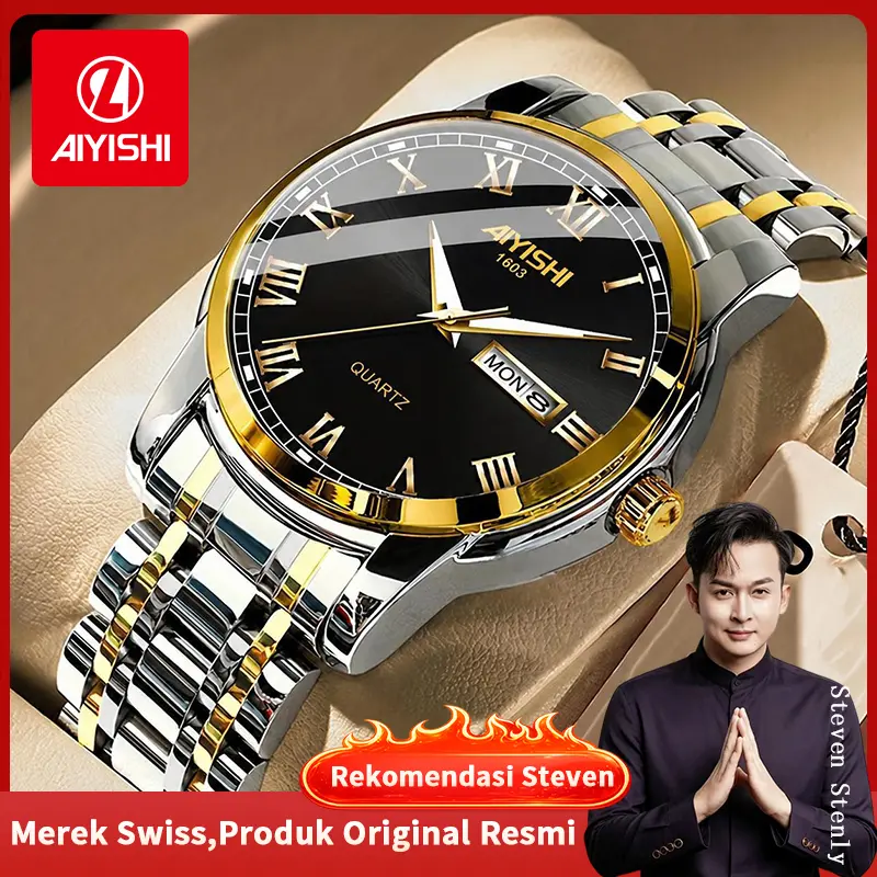 AIYISHI 1603 Men's Black Stainless Steel Quartz Watch, 30 m Water Resistant, Hard Crystal Glass, 2-Year Warranty