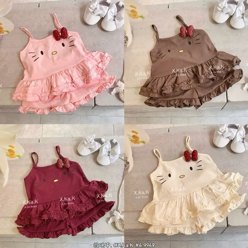 [Xả Hàng] Bộ Hai Dây Mèo Hello Kitty Baby Doll Chất Cottong Zip Nhẹ Mát Cho Bé Gái