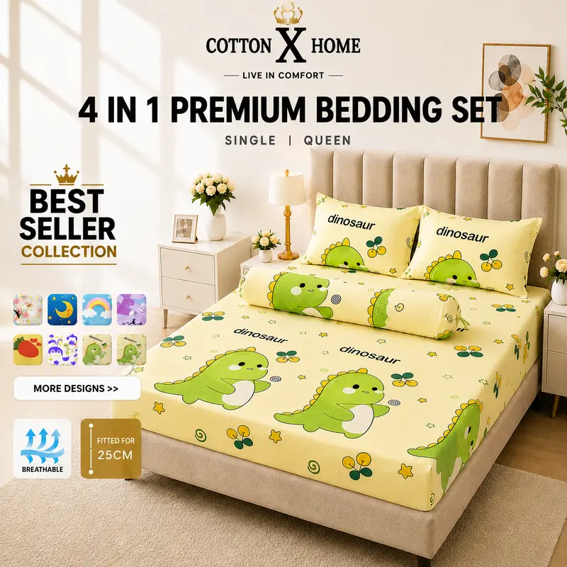 CottonX Set Cadar Best Seller 4 in 1 Queen Single l Cadar Viral Murah l Premium Fitted Bed Sheet Set Cadar Getah Keliling bersama Bantal Peluk Sarug Bantal l Bedding Soft Cotton l Set Bedding Textiles D200