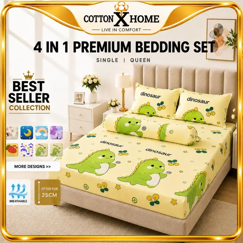 CottonX 4点セット ボックスシーツ・寝具セット｜クイーン／シングル、全周ゴム入り、抱き枕・枕カバー付き、ソフトコットン、D200