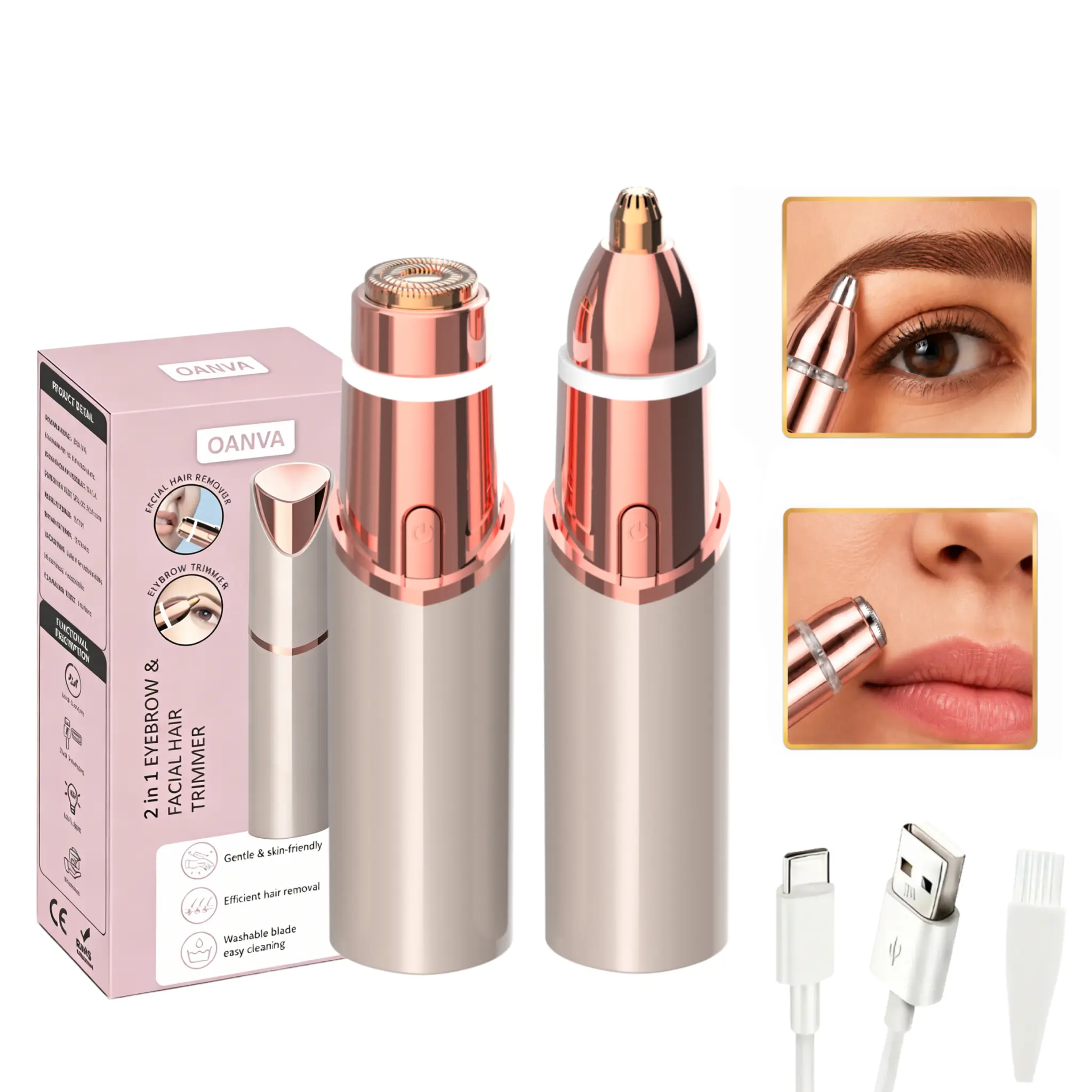 OANVA Alat Cukur Bulu Wajah & Perapih Alis Wanita 2-in-1, Isi Ulang, untuk Bulu Bibir dan Peach Fuzz, Pembentuk Alis Presisi, Portabel dan Tanpa Rasa Sakit