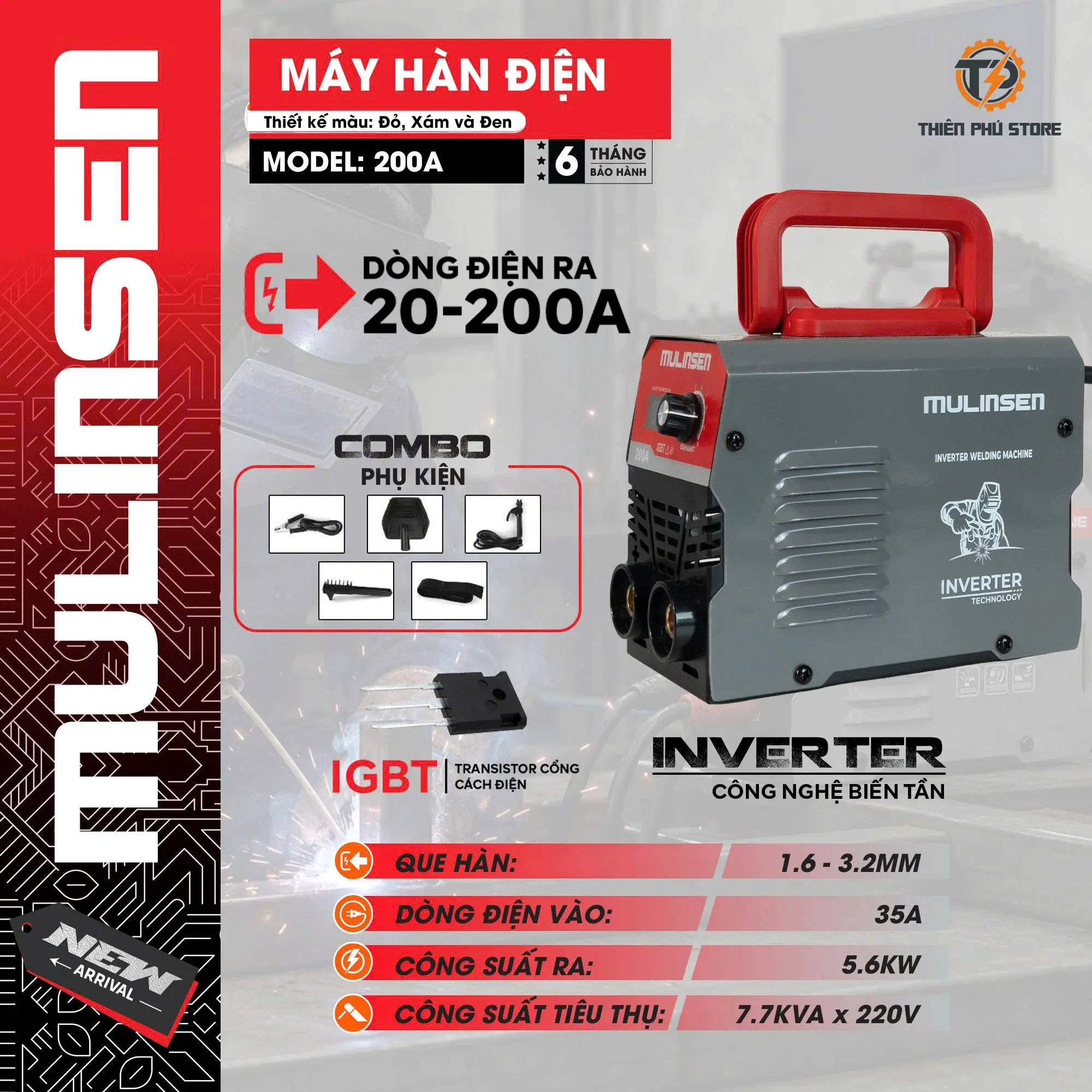 Soldadora inverter MMA200AMINI MULINSEN original, 220 V, 20-200 A, garantía de 6 meses y kit completo de accesorios