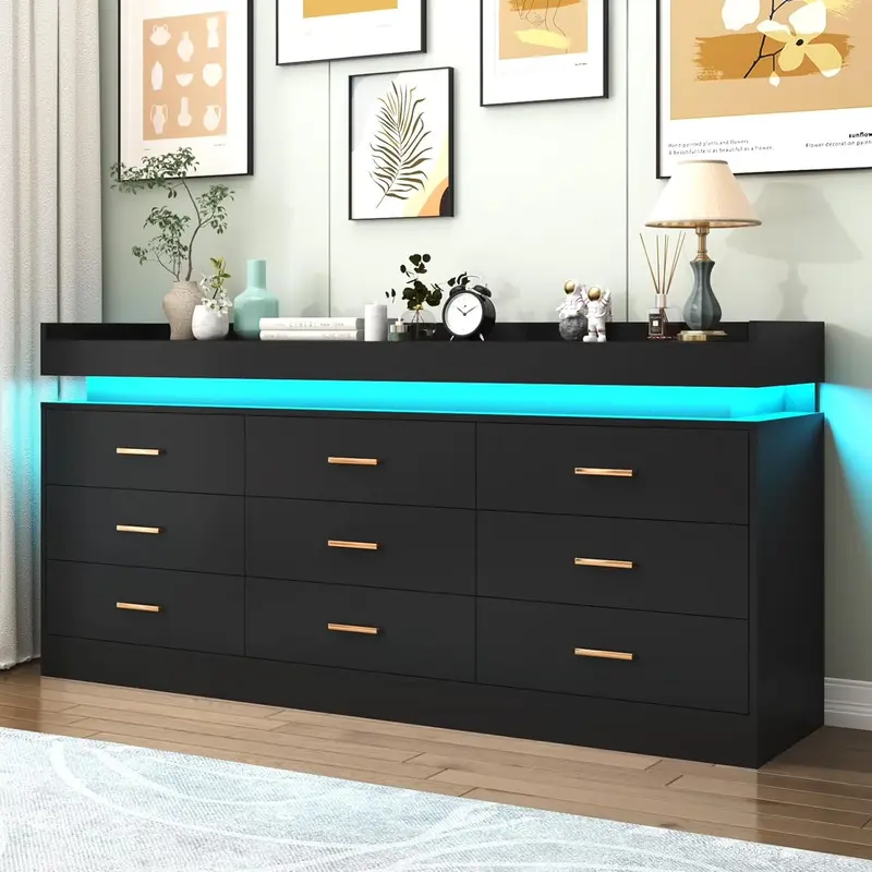 9-, 10- or 12-Drawer Dresser with LED Light and Charging Station, Black or White