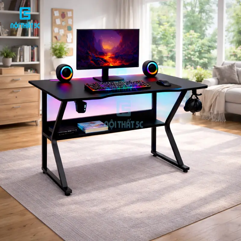 Nội Thất 5C Gaming and Work Desk with K-Shaped 2×4cm Powder-Coated Steel Legs, 15mm MDF Top and 2 Cable Grommets