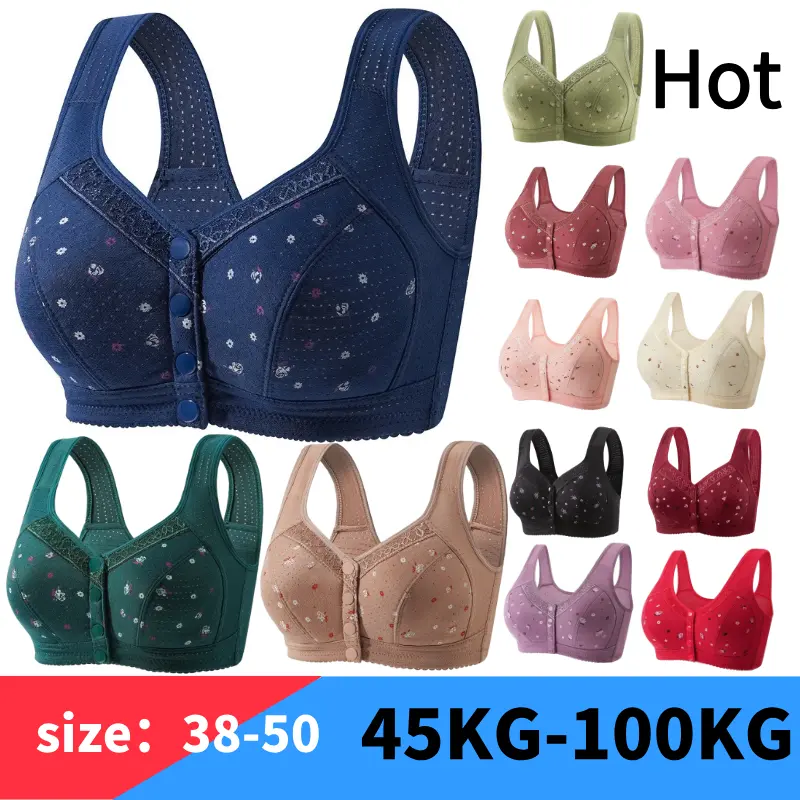36-50 size hot selling middle-aged and elderly mothers' front button printed soft cotton thin underwear women's no steel ring multi-color comfortable breathable vest style bra