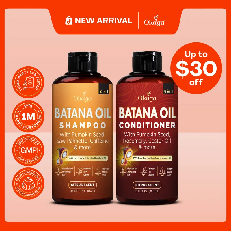 Okaga Shower Set - Batana Oil Shampoo & Conditioner - 8 in 1 Organic Hair & Scalp Care - Hair Growth, Moisturizing, Anti Frizz, Strengthening- (2 x 300 mL)