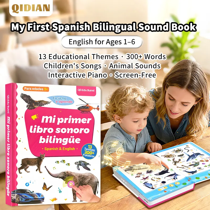 Sách tương tác song ngữ Anh–Tây Ban Nha cho bé 1-6 tuổi, thân thiện với môi trường, học ngôn ngữ không cần màn hình, hơn 300 từ, 13 chủ đề, bài hát và tiếng động vật, quà tựu trường