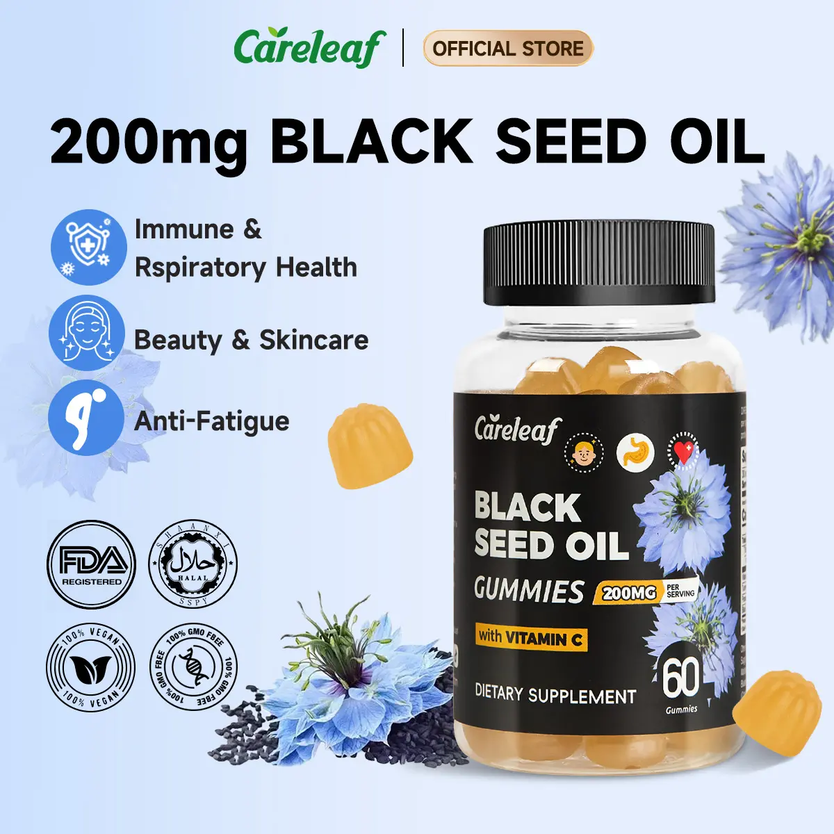 [COMPRA 3 Y RECIBE 1 DE REGALO] Gomitas Careleaf de aceite de semilla negra con vitamina C, veganas, FDA, halal, sin OGM ni gluten, 60 gomitas por frasco, suplemento alimenticio para la salud inmunitaria y respiratoria
