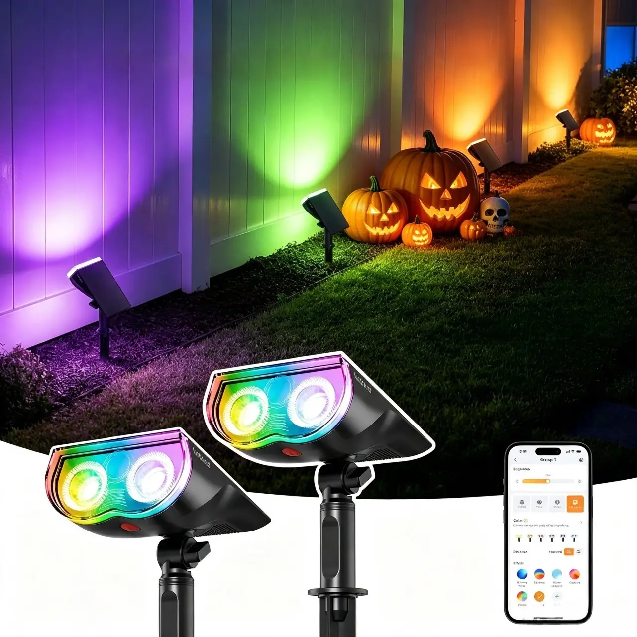 【$10 OFF!】Linkind スマートソーラースポットライト、RGBTWカラー変更・昼白色／電球色、アプリ操作、屋外用IP67防水、AI-Dotアプリ対応、庭・ガーデン・通路用
