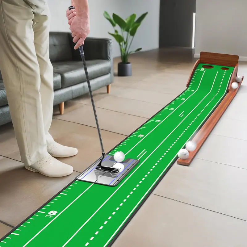 SAPLIZE Portable Golf Putting Mat with Bamboo Base, Crystal Velvet Surface, Automatic Ball Return, Alignment Mirror, Dual Holes and Distance Markers